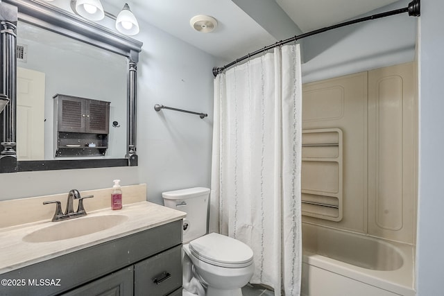 full bathroom with vanity, shower / bathtub combination with curtain, and toilet