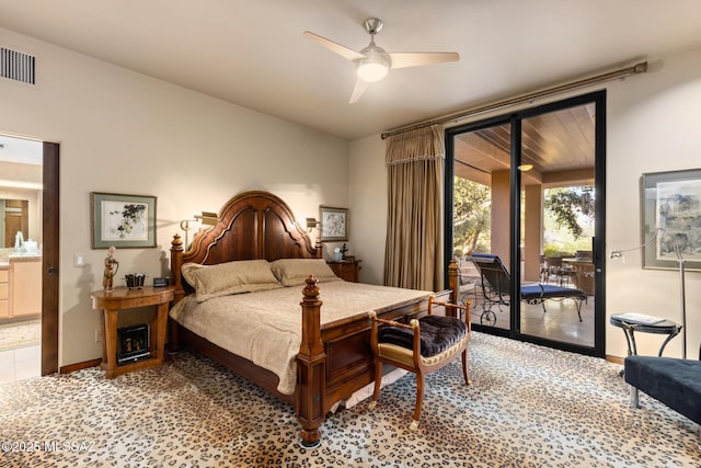 bedroom featuring access to exterior and ceiling fan