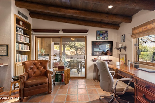 office space featuring wood ceiling, lofted ceiling with beams, and a wealth of natural light