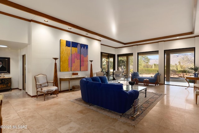 living room featuring a towering ceiling and beamed ceiling