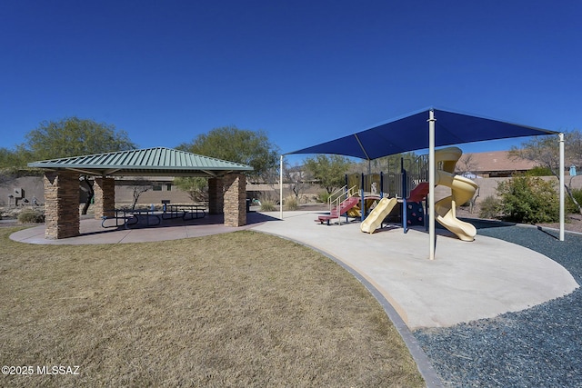 view of play area with a gazebo and a lawn