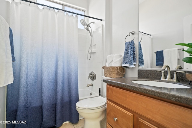 full bathroom with shower / tub combo with curtain, vanity, toilet, and tile patterned flooring