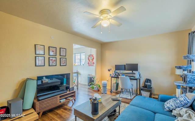 living room with hardwood / wood-style flooring and ceiling fan