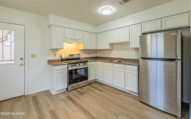 kitchen featuring white cabinetry, sink, light hardwood / wood-style floors, and appliances with stainless steel finishes