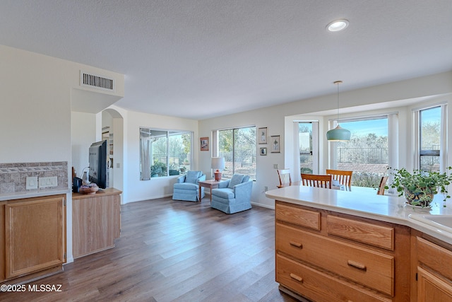 kitchen with hanging light fixtures, wood-type flooring, and a textured ceiling