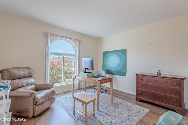 home office with light hardwood / wood-style floors