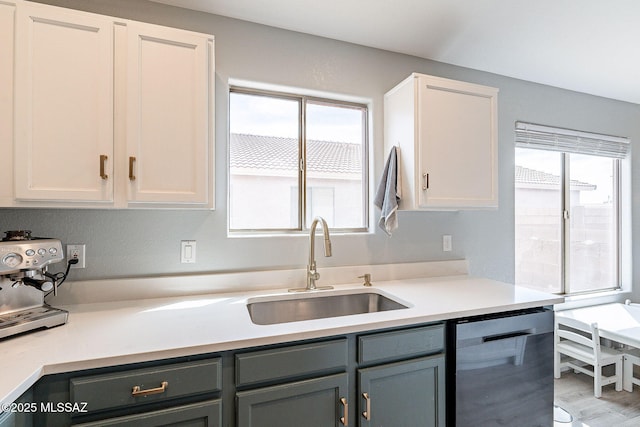 kitchen featuring dishwashing machine, a healthy amount of sunlight, a sink, and gray cabinetry