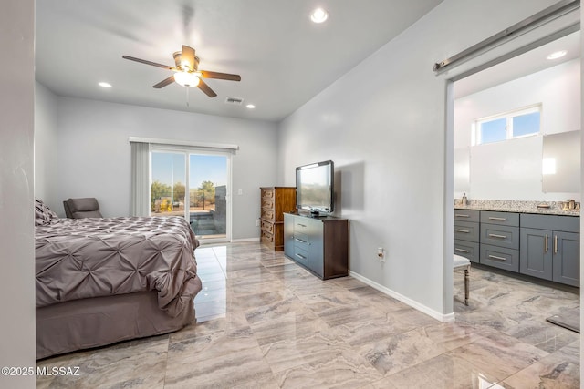 bedroom with connected bathroom, access to outside, and ceiling fan