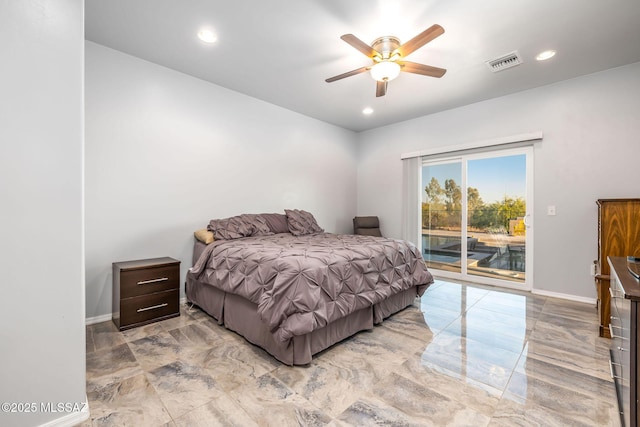 bedroom with ceiling fan and access to outside