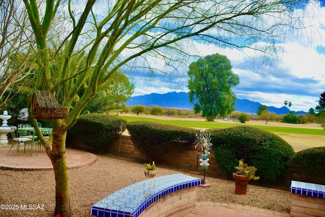 view of community featuring a mountain view and a patio