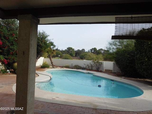 view of pool featuring a fenced backyard, a fenced in pool, and a patio