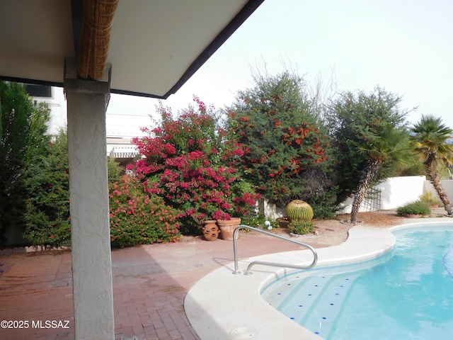 view of pool with a patio, a fenced in pool, and fence