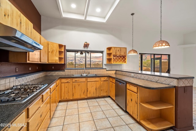 kitchen featuring hanging light fixtures, light tile patterned floors, stainless steel appliances, decorative backsplash, and exhaust hood