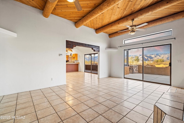 unfurnished room featuring beam ceiling, light tile patterned floors, wood ceiling, and ceiling fan