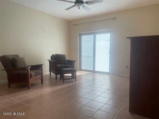 dining space with light tile patterned floors, a ceiling fan, visible vents, and recessed lighting