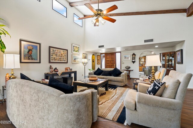 living area with high vaulted ceiling, dark wood finished floors, beamed ceiling, and visible vents