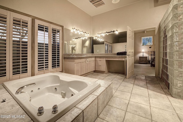 full bath with a tub with jets, vanity, and visible vents