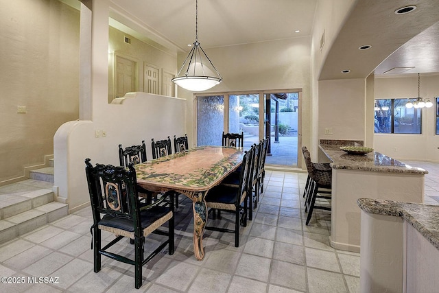 dining area with recessed lighting, visible vents, stairway, and baseboards