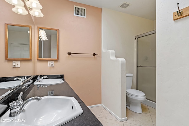 bathroom with walk in shower, toilet, tile patterned flooring, and sink