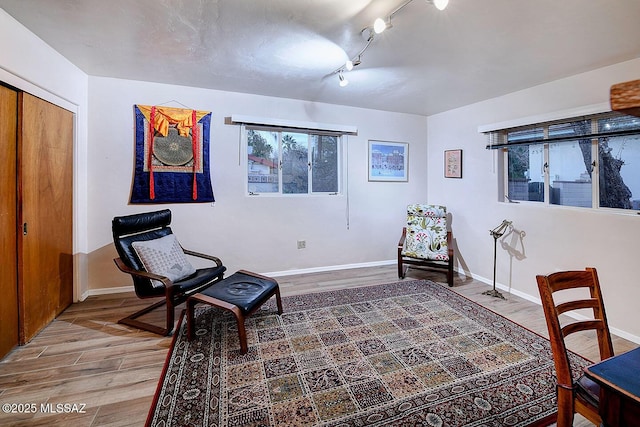 living area with rail lighting, baseboards, and wood finished floors