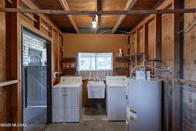 laundry room featuring sink, washing machine and dryer, and water heater