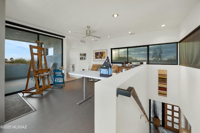 home office featuring ceiling fan, visible vents, and recessed lighting