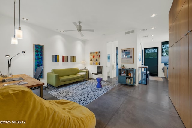 living area with a ceiling fan, recessed lighting, visible vents, and finished concrete flooring