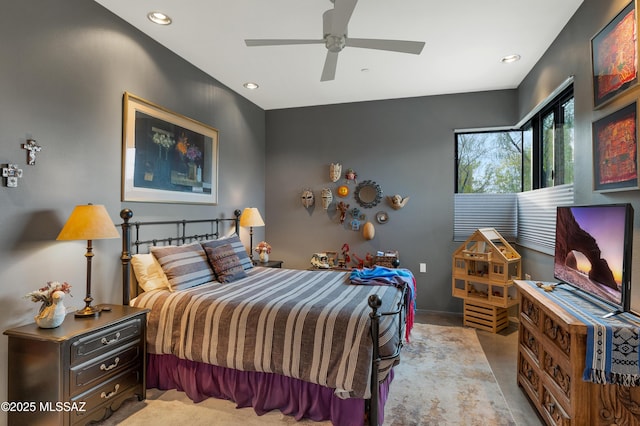 bedroom with baseboards, a ceiling fan, and recessed lighting