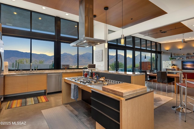 kitchen with a mountain view, island range hood, stainless steel appliances, a center island, and finished concrete floors