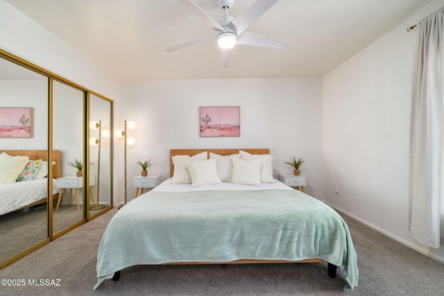 bedroom featuring carpet, ceiling fan, and a closet