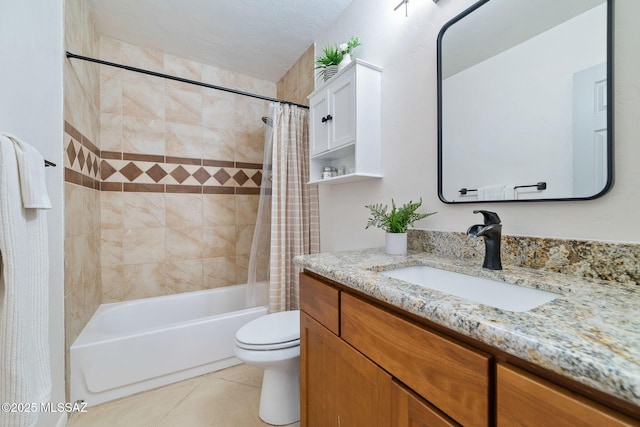 full bathroom with shower / bathtub combination with curtain, vanity, tile patterned floors, and toilet