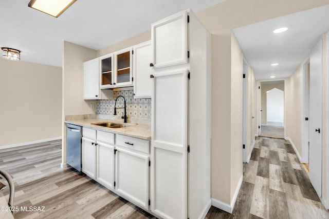 kitchen featuring white cabinetry, sink, backsplash, stainless steel dishwasher, and light hardwood / wood-style floors