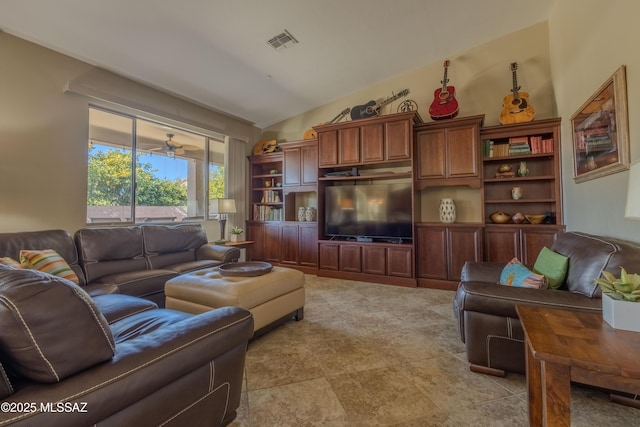 living room with vaulted ceiling