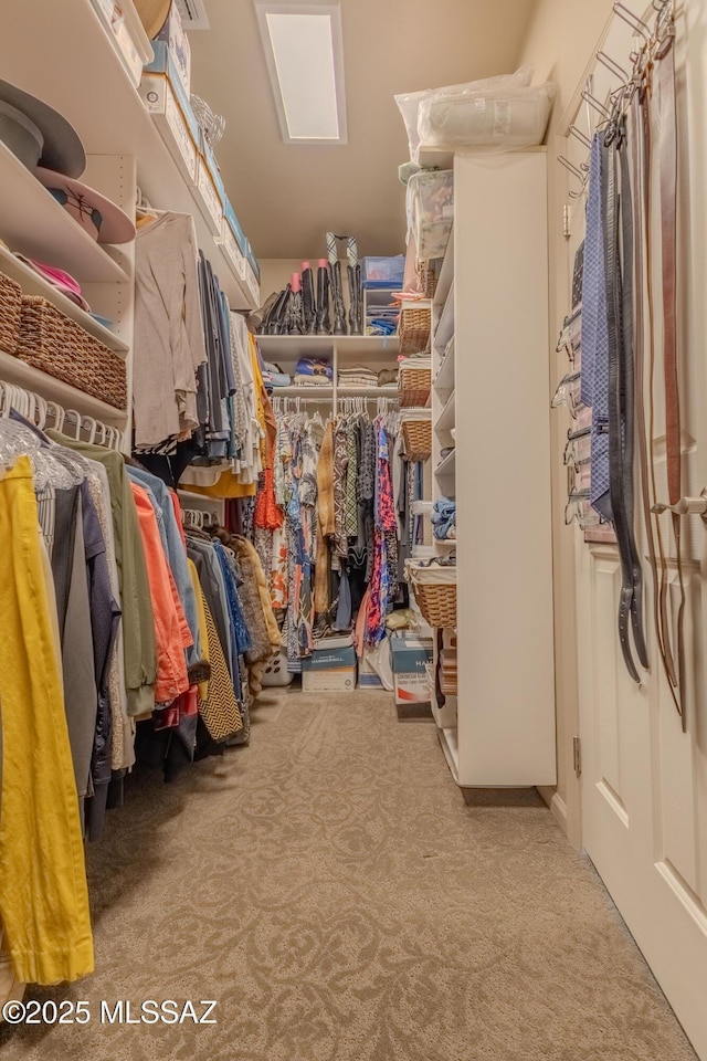 walk in closet with light carpet