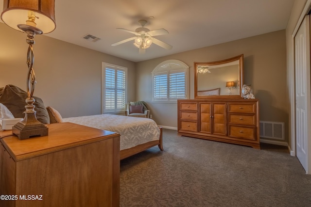 carpeted bedroom with ceiling fan and a closet