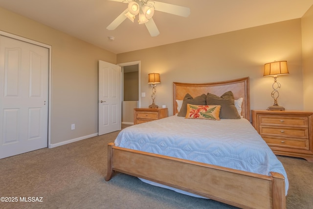 carpeted bedroom featuring ceiling fan