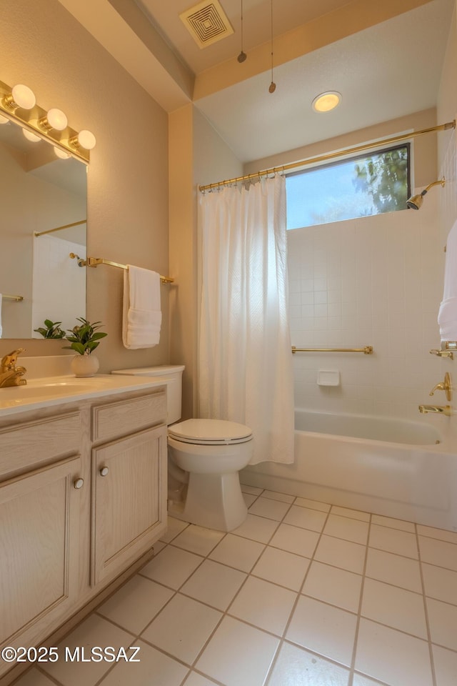 bathroom featuring visible vents, shower / bathtub combination with curtain, toilet, vanity, and tile patterned flooring