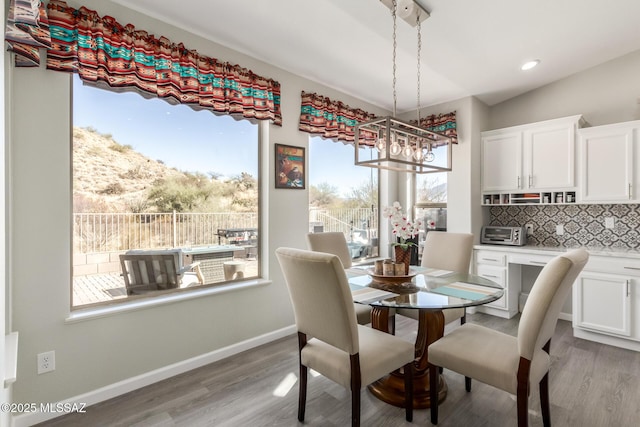 dining area featuring a mountain view and light hardwood / wood-style floors