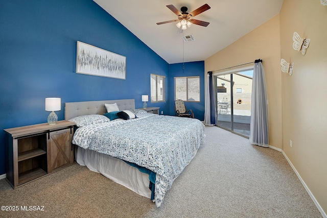 bedroom featuring access to exterior, high vaulted ceiling, light colored carpet, and ceiling fan