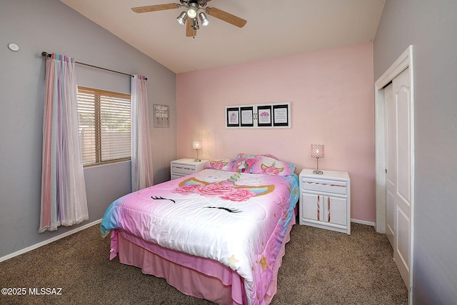 carpeted bedroom with lofted ceiling and ceiling fan