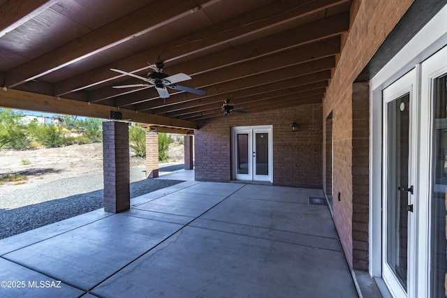 view of patio featuring ceiling fan and french doors