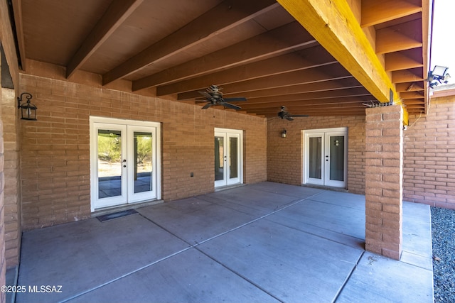 view of patio / terrace featuring ceiling fan and french doors