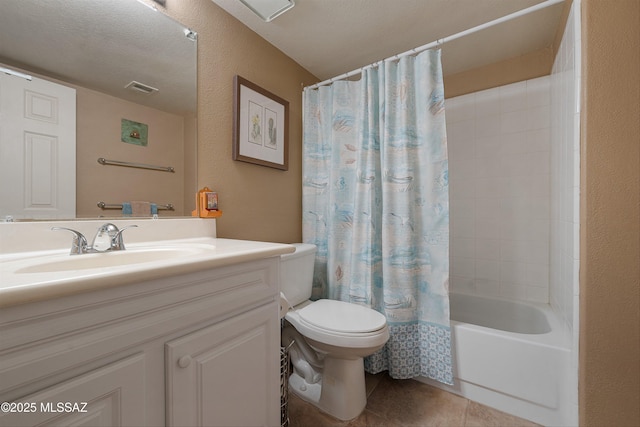 full bathroom with visible vents, shower / bathtub combination with curtain, toilet, vanity, and tile patterned flooring