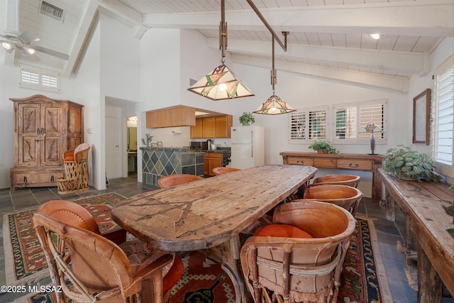 dining room featuring vaulted ceiling with beams, wood ceiling, plenty of natural light, and visible vents