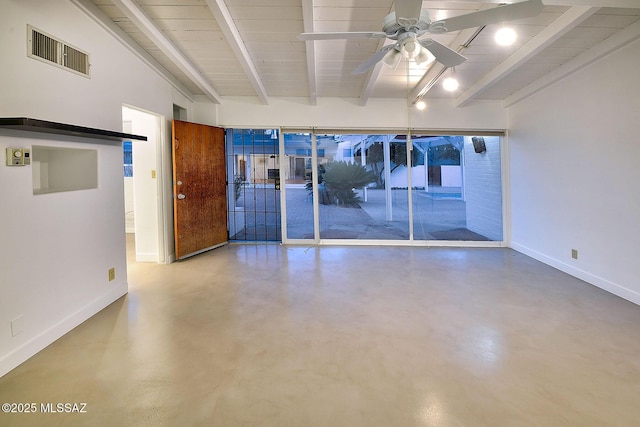 unfurnished room with baseboards, visible vents, ceiling fan, beamed ceiling, and concrete flooring