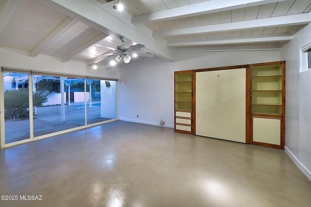 unfurnished room with concrete floors, lofted ceiling with beams, baseboards, and ceiling fan