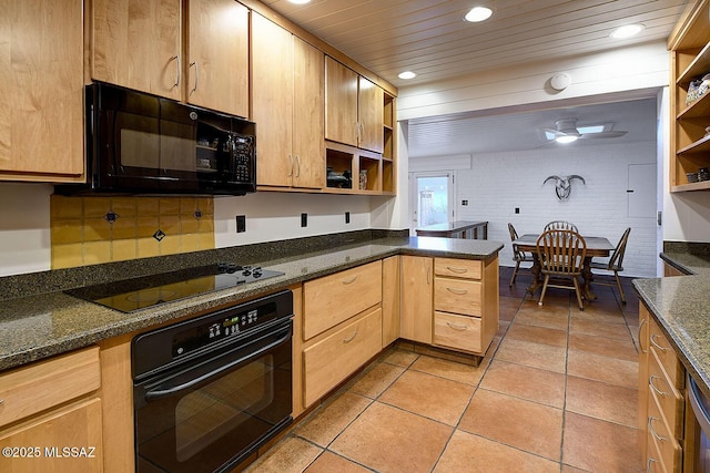 kitchen featuring light tile patterned floors, a peninsula, open shelves, wood ceiling, and black appliances