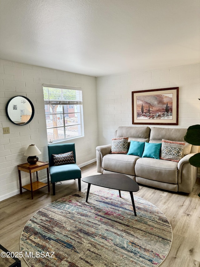 living room featuring wood finished floors, baseboards, and a textured ceiling