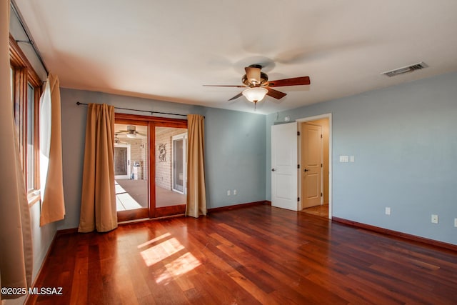 unfurnished room with hardwood / wood-style floors and ceiling fan