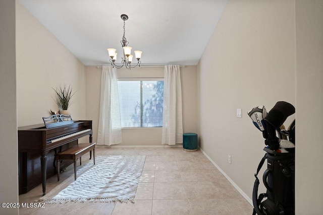 misc room with a chandelier and light tile patterned floors